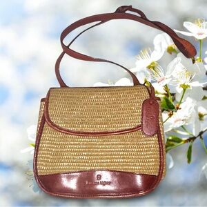Etienne Aigner Woven Beige and Leather Crossbody Bag